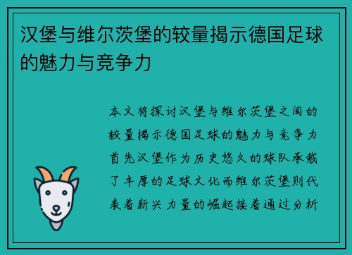 汉堡与维尔茨堡的较量揭示德国足球的魅力与竞争力